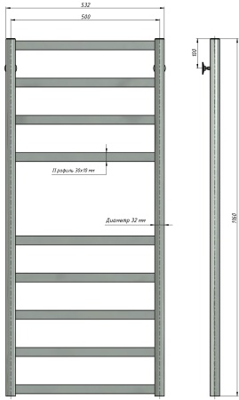 Полотенцесушитель водяной Stinox Maxima 500x1200, нижнее подключение, хром, 1/2" ВР (внутренняя резьба), 9 перекладин