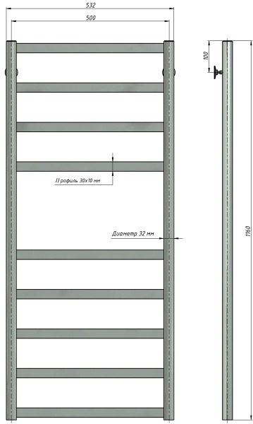 Полотенцесушитель водяной Stinox Maxima 500x1200, нижнее подключение, хром, 1/2" ВР (внутренняя резьба), 9 перекладин