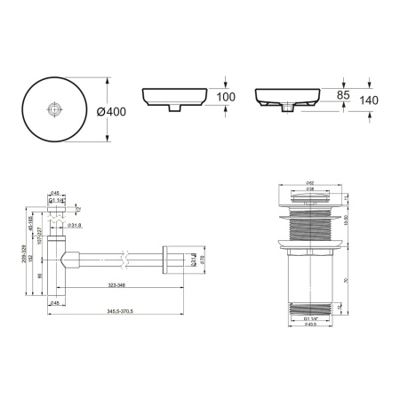 Комплект 3 в 1 Lavinia Boho Bathroom Sink 21520203: накладная фарфоровая раковина 40 см, металлический сифон, донный клапан