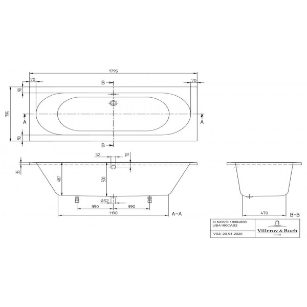 Ванна Villeroy & Boch O.novo 1800 x 800 мм, акриловая, UBA180CAS2V-01