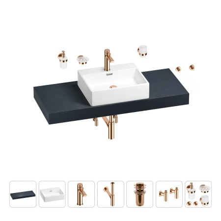 Раковина 50 см со столешницей 120 см Wellsee Graceful Pro 201012529 в наборе 10 в 1: столешница, раковина, смеситель, сифон, донный клапан, угловые вентили, аксессуары (цвет розовое золото)