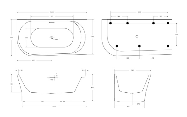 Акриловая ванна BELBAGNO BB410-1500-780-R