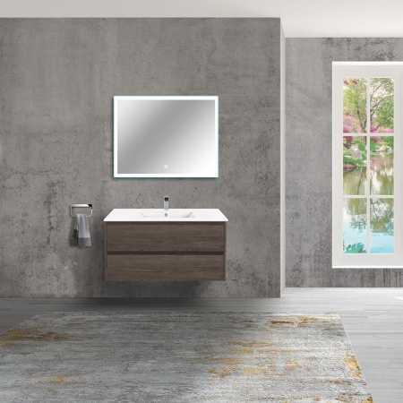 Тумба Vincea Gio 100 подвесная, 2 выкатных ящика soft-close, R.Oak с умывальником VBS-13100 керамическая, цвет белый