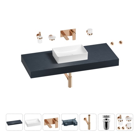 Раковина 42 см со столешницей 120 см Wellsee Pure BY Wellsee 201010914 в наборе 9 в 1: столешница, раковина, встраиваемый смеситель, сифон, выпуск, аксессуары (цвет набора розовое золото)