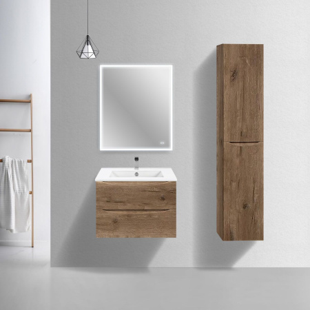 Тумба Vincea Mia Slim 700 подвесная, 2 выкатных ящика soft close, V.Oak с умывальником VBS-13970S1 керамическая, цвет белый