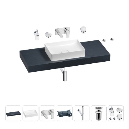 Раковина 50 см со столешницей 120 см Wellsee Pure BY Wellsee 201011341 в наборе 9 в 1: столешница, раковина, встраиваемый смеситель, сифон, выпуск, аксессуары (цвет набора хром)