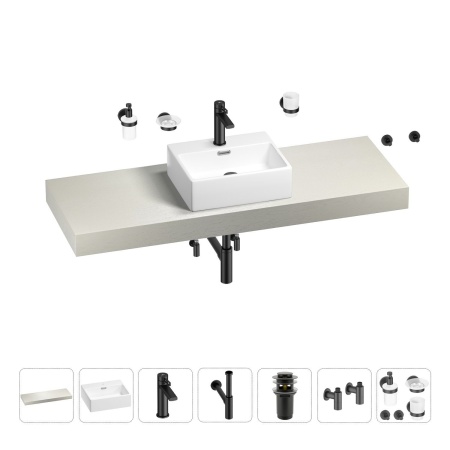 Раковина 43 см со столешницей 140 см Wellsee Graceful Pro 201012337 в наборе 10 в 1: столешница, раковина, смеситель, сифон, донный клапан, угловые вентили, аксессуары (цвет матовый черный)