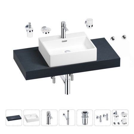 Раковина 50 см со столешницей 100 см Wellsee Graceful Pro 201012466 в наборе 10 в 1: столешница, раковина, смеситель, сифон, донный клапан, угловые вентили, аксессуары (цвет хром)