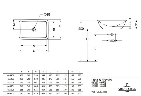 Раковина Villeroy & Boch Loop & Friends, встраиваемая 600 x 600 мм, 4A6500R1