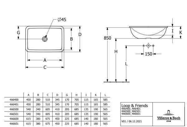 Раковина Villeroy & Boch Loop & Friends, встраиваемая 600 x 600 мм, 4A6500R1