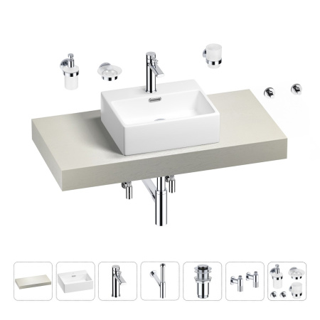Раковина 43 см со столешницей 100 см Wellsee Graceful Pro 201012216 в наборе 10 в 1: столешница, раковина, смеситель, сифон, донный клапан, угловые вентили, аксессуары (цвет хром)
