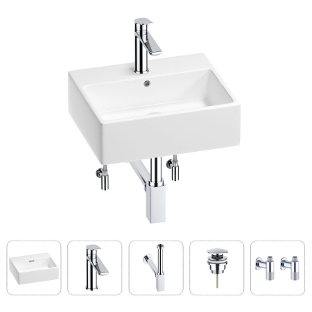 Раковина для ванной Wellsee Graceful Pro 201004586 в наборе 5 в 1: раковина белого глянцевого цвета, смеситель, сифон, донный клапан, угловые вентили (цвет набора хром)