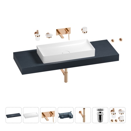 Раковина 75 см со столешницей 140 см Wellsee Pure BY Wellsee 201011829 в наборе 9 в 1: столешница, раковина, встраиваемый смеситель, сифон, выпуск, аксессуары (цвет набора розовое золото)
