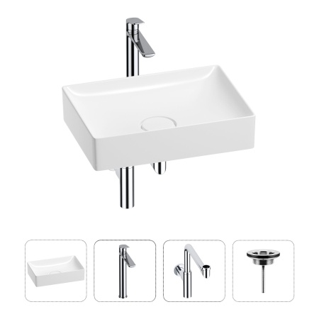Раковина для ванной Wellsee Pure BY Wellsee 201002681 в наборе 4 в 1: раковина белого глянцевого цвета, высокий смеситель, сифон, выпуск (цвет набора хром)