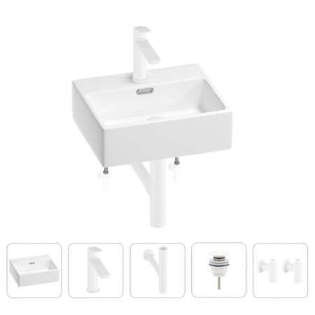 Раковина для ванной Wellsee Graceful Pro 201004550 в наборе 5 в 1: раковина белого глянцевого цвета, смеситель, сифон, донный клапан, угловые вентили (цвет набора матовый белый)