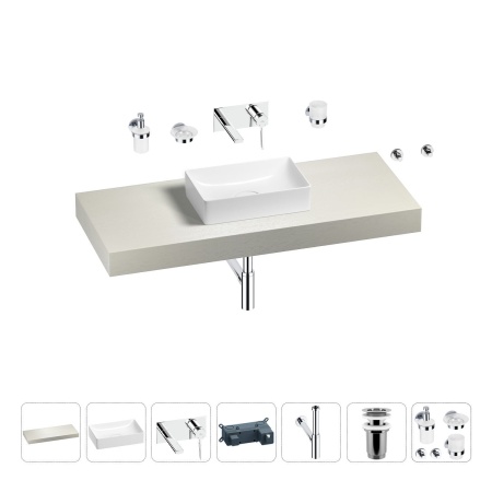 Раковина 42 см со столешницей 120 см Wellsee Pure BY Wellsee 201010901 в наборе 9 в 1: столешница, раковина, встраиваемый смеситель, сифон, выпуск, аксессуары (цвет набора хром)