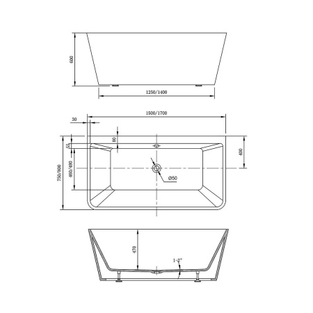 Ванна акриловая Vincea VBT-425-1700 1700*800*600, цвет белый, слив-перелив в комплекте, хром