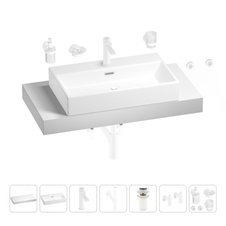 Раковина 70 см со столешницей 100 см Wellsee Graceful Pro 201012680 в наборе 10 в 1: столешница, раковина, смеситель, сифон, донный клапан, угловые вентили, аксессуары (цвет матовый белый)