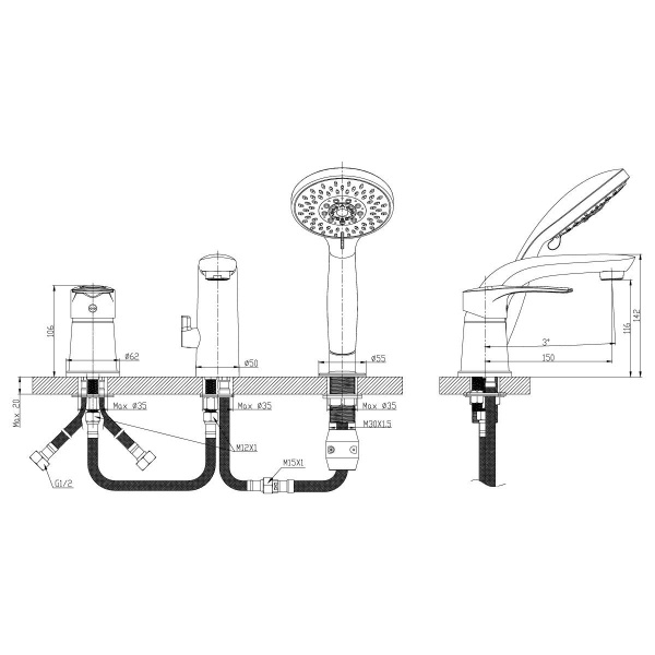 Смеситель Rossinka T40-39 на борт ванны на 3 отверстия