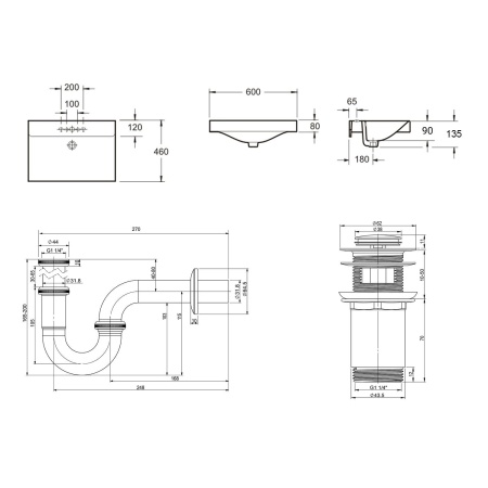 Комплект 3 в 1 Lavinia Boho Bathroom Sink 21520542: врезная фарфоровая раковина 60 см, металлический сифон, донный клапан