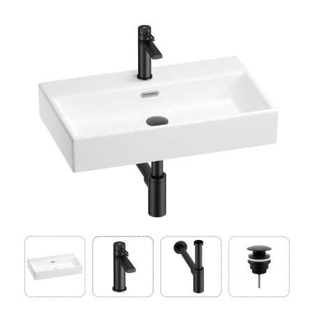 Раковина для ванной Wellsee Graceful Pro 201002957 в наборе 4 в 1: раковина белого глянцевого цвета, смеситель, сифон, донный клапан (цвет набора матовый черный)