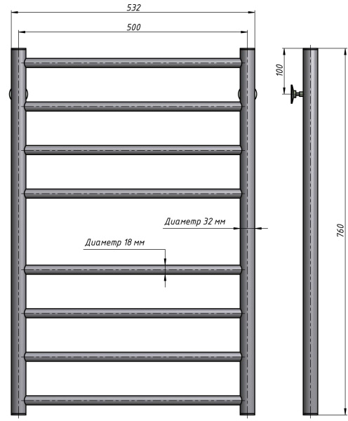 Полотенцесушитель водяной Stinox Toscana 500x800, нижнее подключение, хром, 1/2" ВР (внутренняя резьба), 8 перекладин