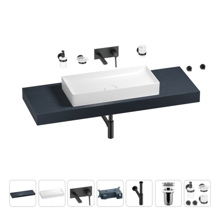 Раковина 75 см со столешницей 140 см Wellsee Pure BY Wellsee 201011827 в наборе 9 в 1: столешница, раковина, встраиваемый смеситель, сифон, выпуск, аксессуары (цвет набора матовый черный)