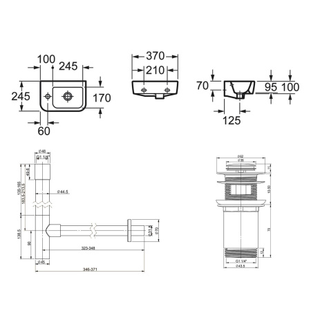 Комплект 3 в 1 Lavinia Boho One 21520732: подвесная фарфоровая раковина для туалета 37 см (отверстие под смеситель слева), металлический сифон, донный клапан