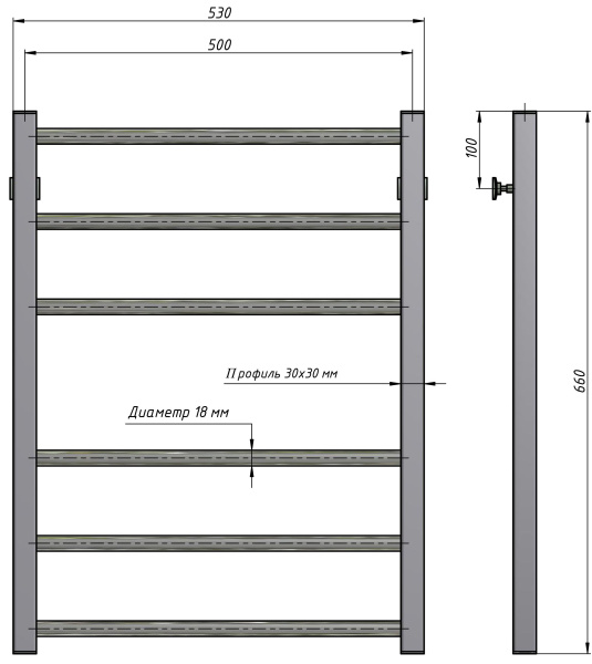 Полотенцесушитель водяной Stinox Classic 500x700, нижнее подключение, черный матовый, 1/2" ВР (внутренняя резьба), 6 перекладин
