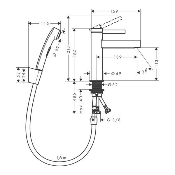 Hansgrohe Finoris Смеситель для раковины. однорычажный. 110 с набором для биде со шлангом 1.60 м черный матовый 76210670