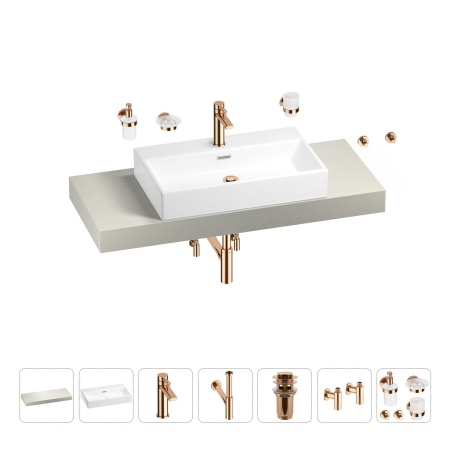 Раковина 70 см со столешницей 120 см Wellsee Graceful Pro 201012699 в наборе 10 в 1: столешница, раковина, смеситель, сифон, донный клапан, угловые вентили, аксессуары (цвет розовое золото)