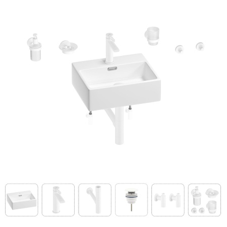 Раковина для ванной Wellsee Graceful Pro 201006630 в наборе 9 в 1: раковина белого глянцевого цвета, смеситель, сифон, донный клапан, угловые вентили, аксессуары (цвет набора матовый белый)