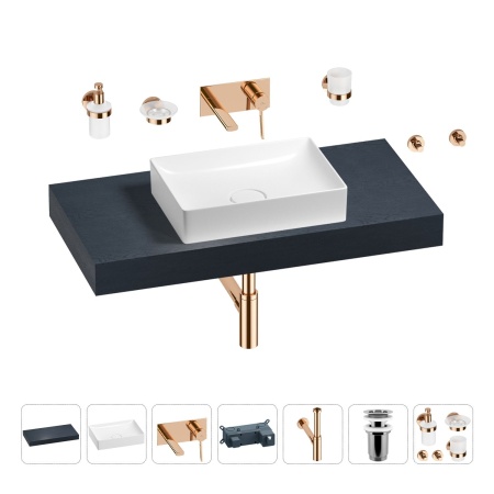 Раковина 50 см со столешницей 100 см Wellsee Pure BY Wellsee 201011229 в наборе 9 в 1: столешница, раковина, встраиваемый смеситель, сифон, выпуск, аксессуары (цвет набора розовое золото)