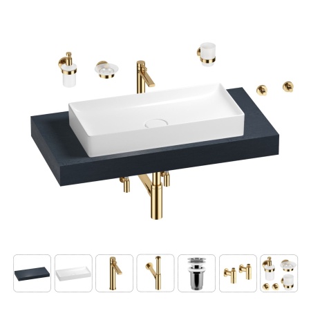 Раковина 75 см со столешницей 100 см Wellsee Pure BY Wellsee 201011578 в наборе 10 в 1: столешница, раковина, высокий смеситель, сифон, выпуск, кран-вентили, аксессуары (цвет золото)