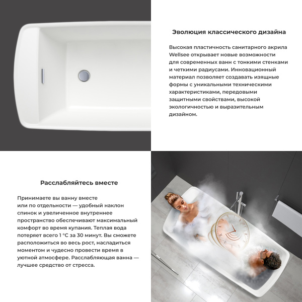 Акриловая ванна в наборе 3 в 1: отдельностоящая ванна, ножки, экран Wellsee Idéal 236901000