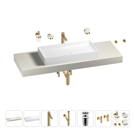 Раковина 75 см со столешницей 140 см Wellsee Pure BY Wellsee 201011798 в наборе 10 в 1: столешница, раковина, высокий смеситель, сифон, выпуск, кран-вентили, аксессуары (цвет золото)