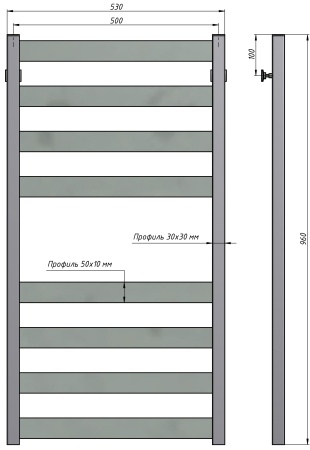 Полотенцесушитель водяной Stinox San Remo 500x1000, нижнее подключение, черный матовый, 1/2" ВР (внутренняя резьба), 8 перекладин