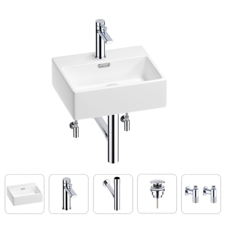 Раковина для ванной Wellsee Graceful Pro 201004551 в наборе 5 в 1: раковина белого глянцевого цвета, смеситель, сифон, донный клапан, угловые вентили (цвет набора хром)