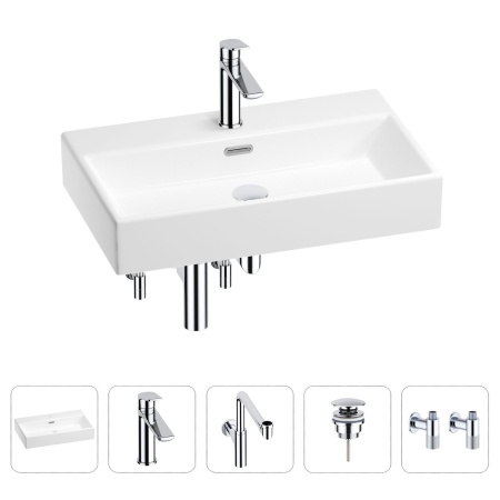 Раковина для ванной Wellsee Graceful Pro 201004666 в наборе 5 в 1: раковина белого глянцевого цвета, смеситель, сифон, донный клапан, угловые вентили (цвет набора хром)