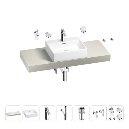 Раковина 50 см со столешницей 120 см Wellsee Graceful Pro 201012516 в наборе 10 в 1: столешница, раковина, смеситель, сифон, донный клапан, угловые вентили, аксессуары (цвет хром)