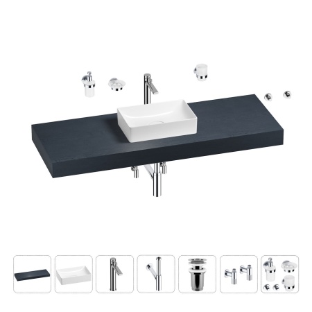 Раковина 42 см со столешницей 140 см Wellsee Pure BY Wellsee 201010996 в наборе 10 в 1: столешница, раковина, высокий смеситель, сифон, выпуск, кран-вентили, аксессуары (цвет хром)