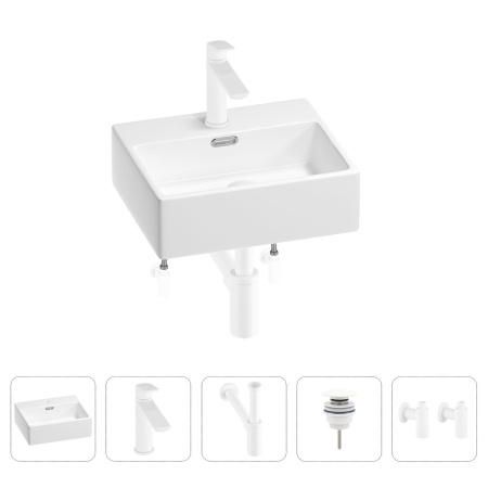 Раковина для ванной Wellsee Graceful Pro 201004530 в наборе 5 в 1: раковина белого глянцевого цвета, смеситель, сифон, донный клапан, угловые вентили (цвет набора матовый белый)