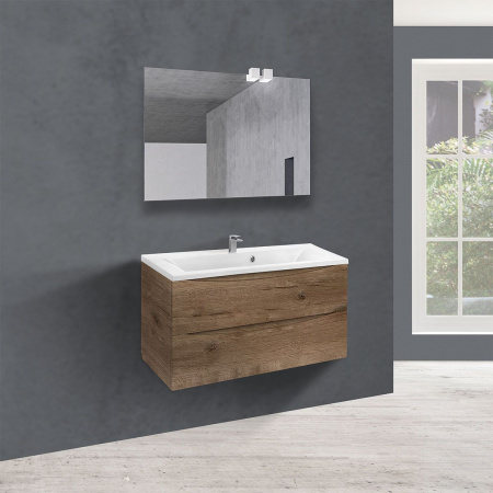 Тумба Vincea Mia 900 подвесная, 2 выкатных ящика soft close, V.Oak с умывальником VCB-3M900W из искусственного камня, цвет белый