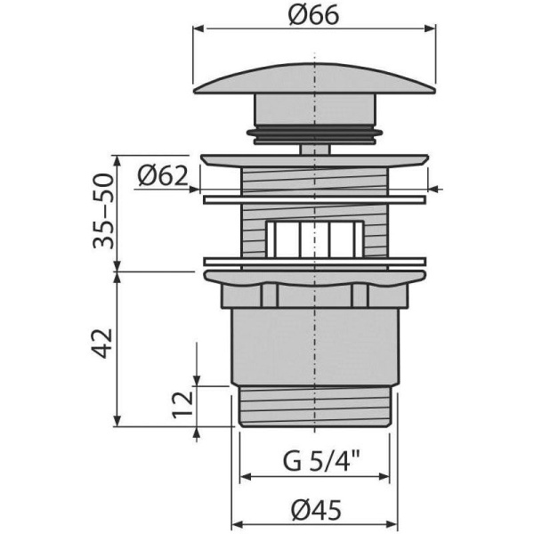 Водослив для умывальника Alcaplast click/clack 5/4", цельнометаллический с большой заглушкой, A390