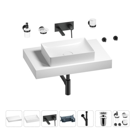 Раковина 50 см со столешницей 80 см Wellsee Pure BY Wellsee 201011167 в наборе 9 в 1: столешница, раковина, встраиваемый смеситель, сифон, выпуск, аксессуары (цвет набора матовый черный)