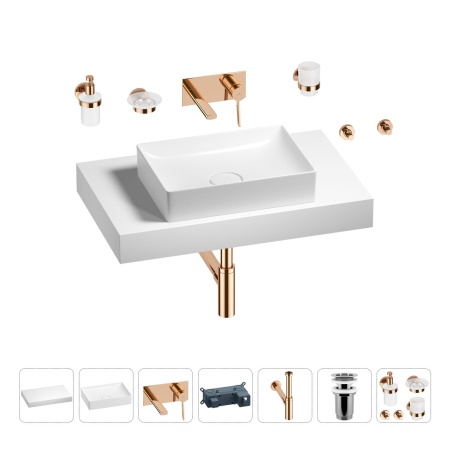 Раковина 50 см со столешницей 80 см Wellsee Pure BY Wellsee 201011169 в наборе 9 в 1: столешница, раковина, встраиваемый смеситель, сифон, выпуск, аксессуары (цвет набора розовое золото)