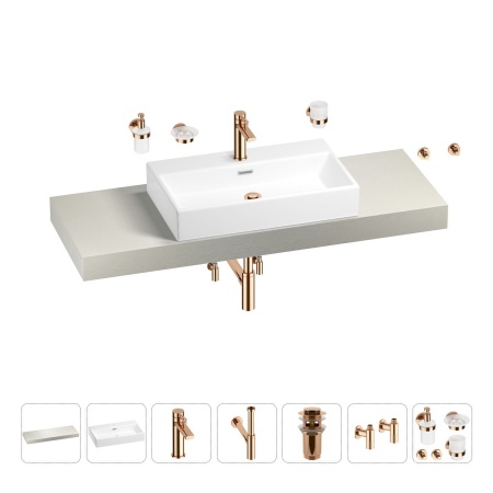 Раковина 70 см со столешницей 140 см Wellsee Graceful Pro 201012759 в наборе 10 в 1: столешница, раковина, смеситель, сифон, донный клапан, угловые вентили, аксессуары (цвет розовое золото)