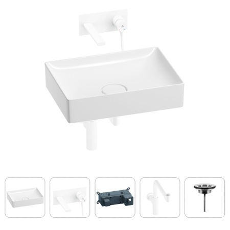 Раковина для ванной Wellsee Pure BY Wellsee 201002700 в наборе 4 в 1: раковина белого глянцевого цвета, встраиваемый смеситель, сифон, выпуск (цвет набора матовый белый)