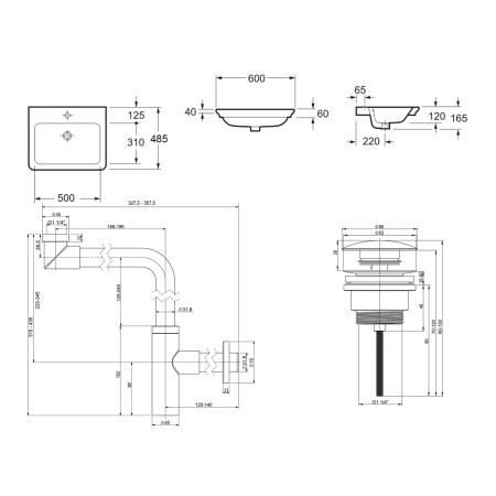 Комплект 3 в 1 Lavinia Boho Bathroom Sink 21520430: врезная фарфоровая раковина 60 см, металлический сифон, донный клапан