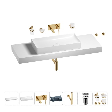 Раковина 75 см со столешницей 140 см Wellsee Pure BY Wellsee 201011888 в наборе 9 в 1: столешница, раковина, встраиваемый смеситель, сифон, выпуск, аксессуары (цвет набора золото)